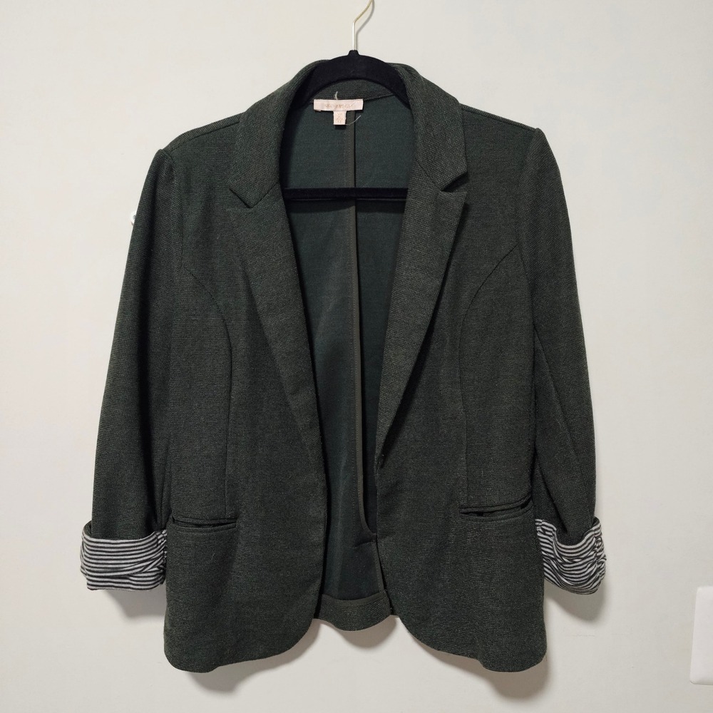 Skies Are Blue M Hunter Green Knit Blazer Jacket Cuffed 3/4 Sleeve Office Work‎
